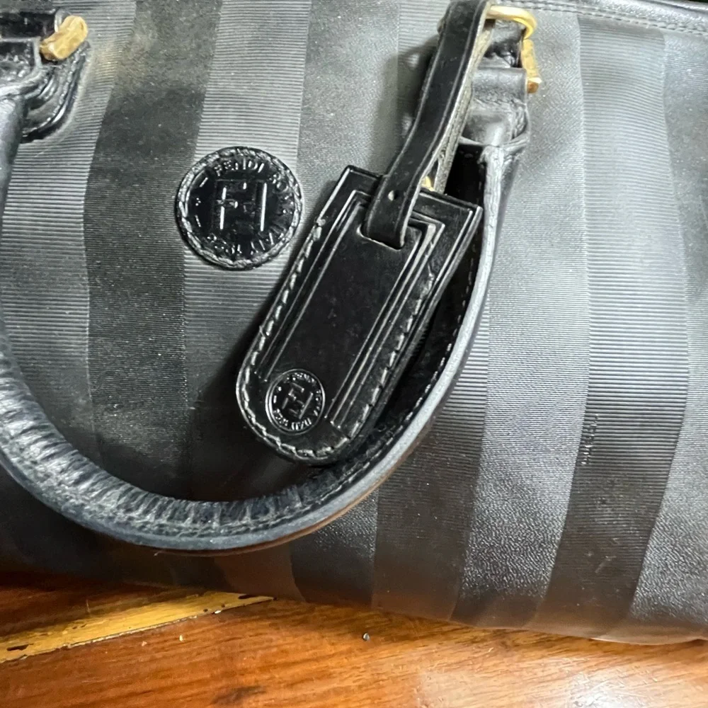 Fendi Black Striped Duffel Bag travel with strap. Convertible Boston bag